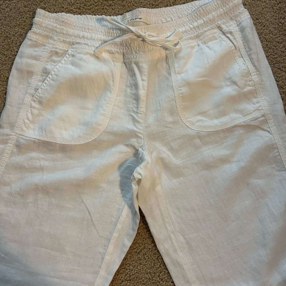 LOFT White Linen Drawstring Trousers